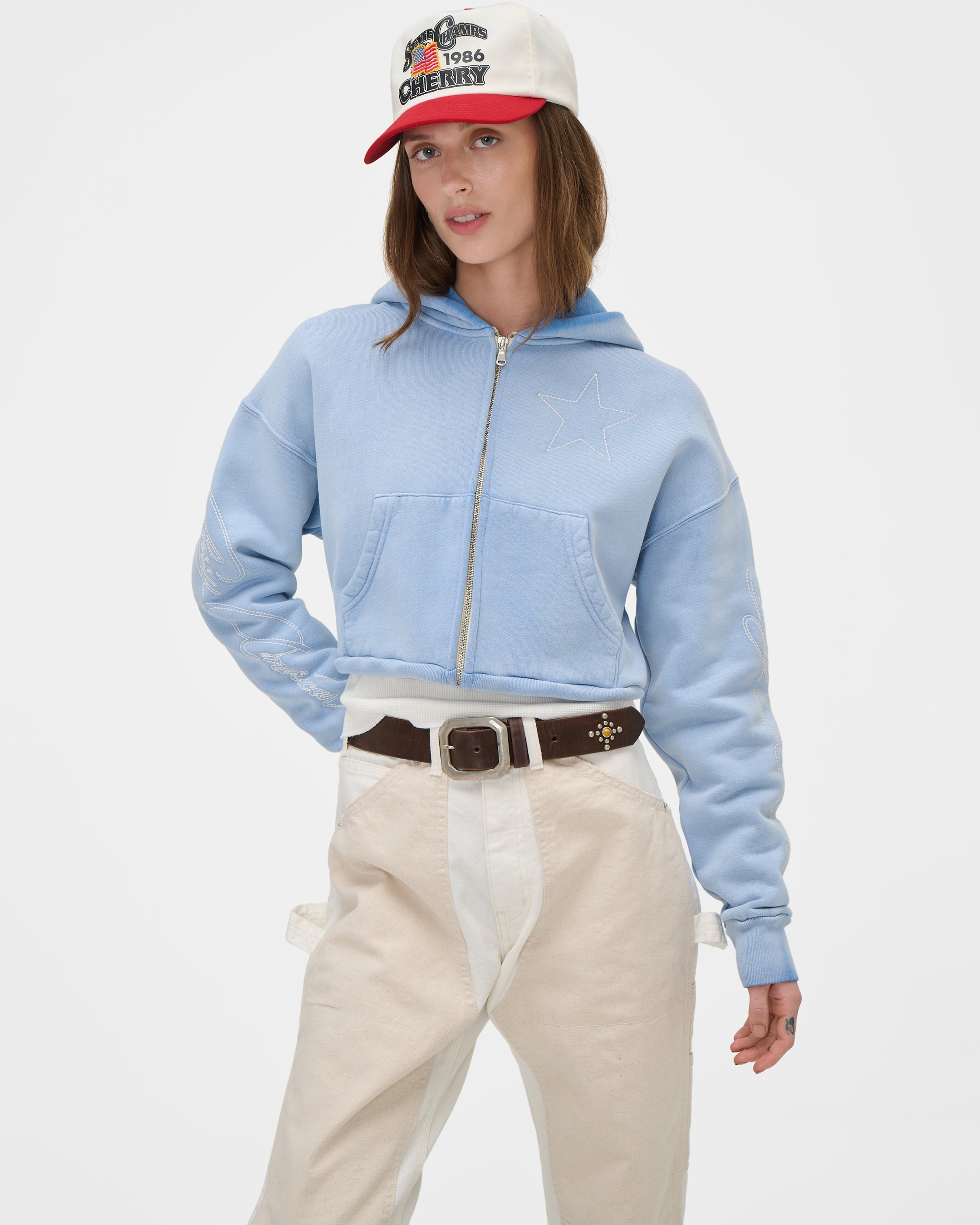 American Star Cropped Zip Hoodie (Sun Faded Blue)