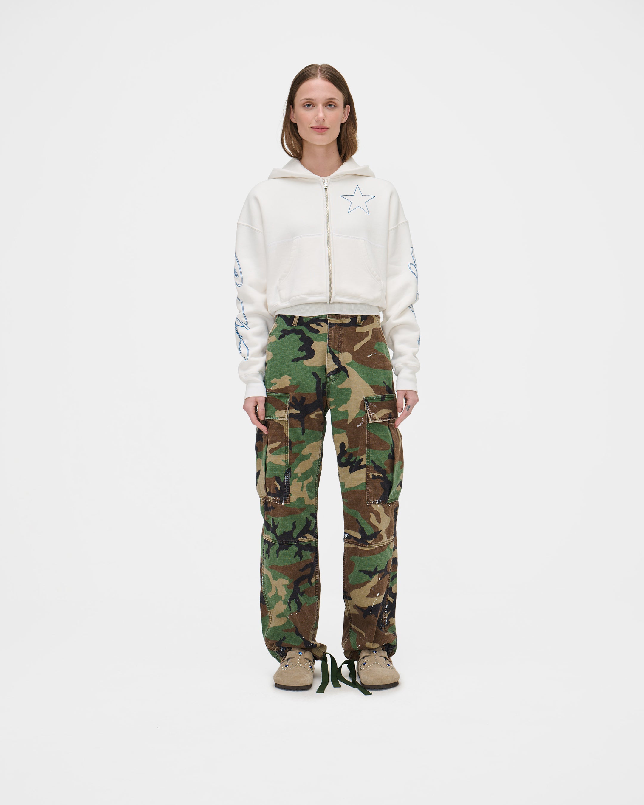 American Star Cropped Zip Hoodie (Vintage White)