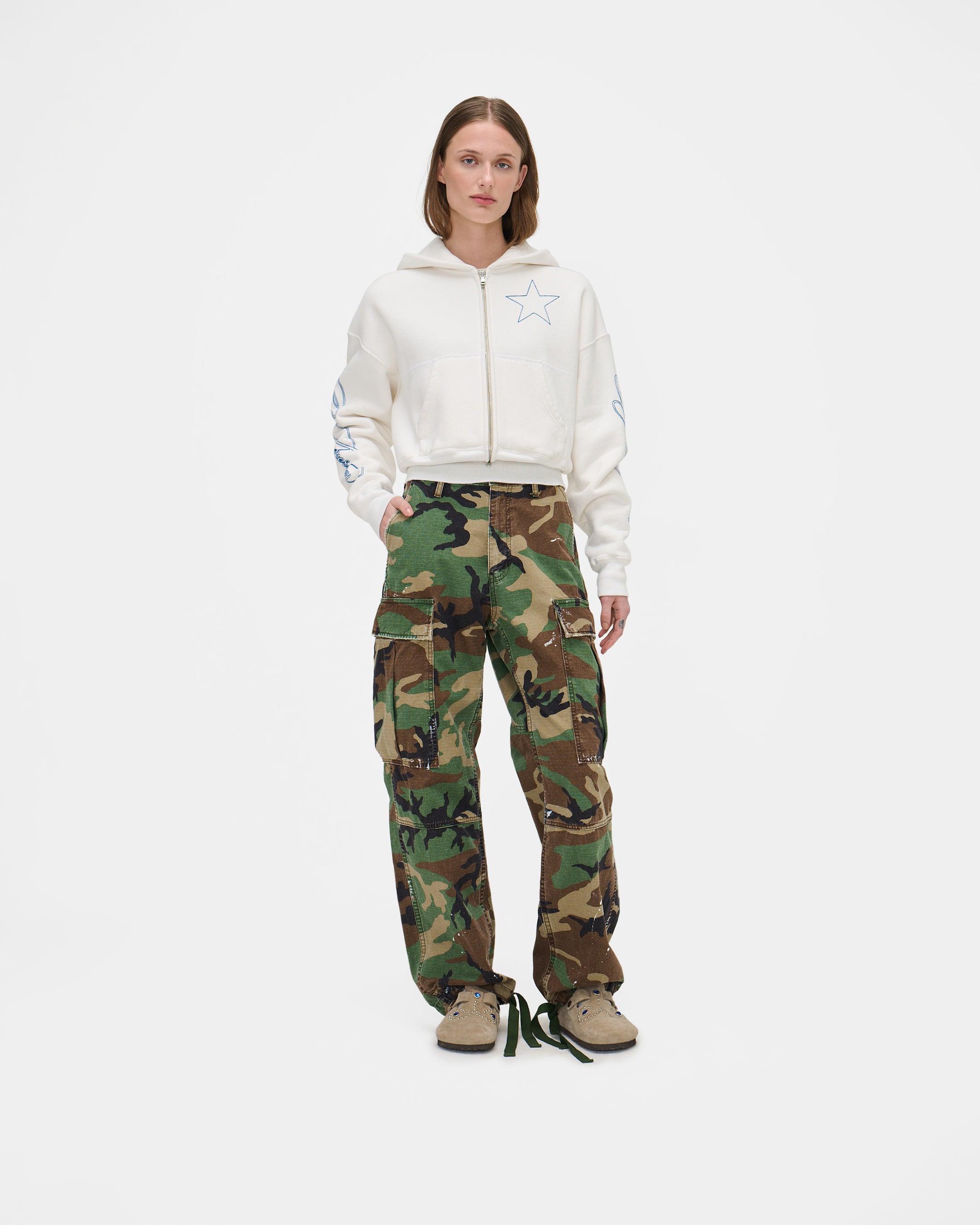 American Star Cropped Zip Hoodie (Vintage White)