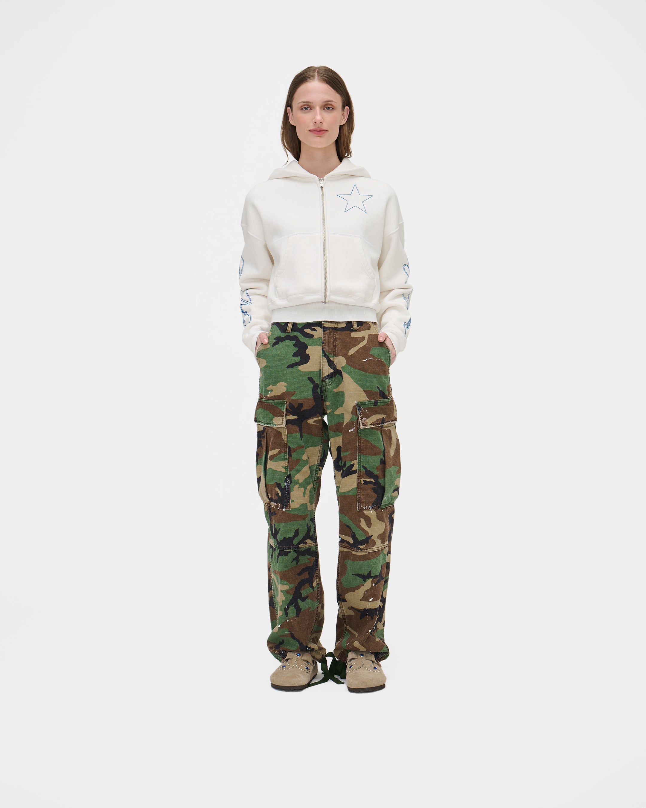 American Star Cropped Zip Hoodie (Vintage White)