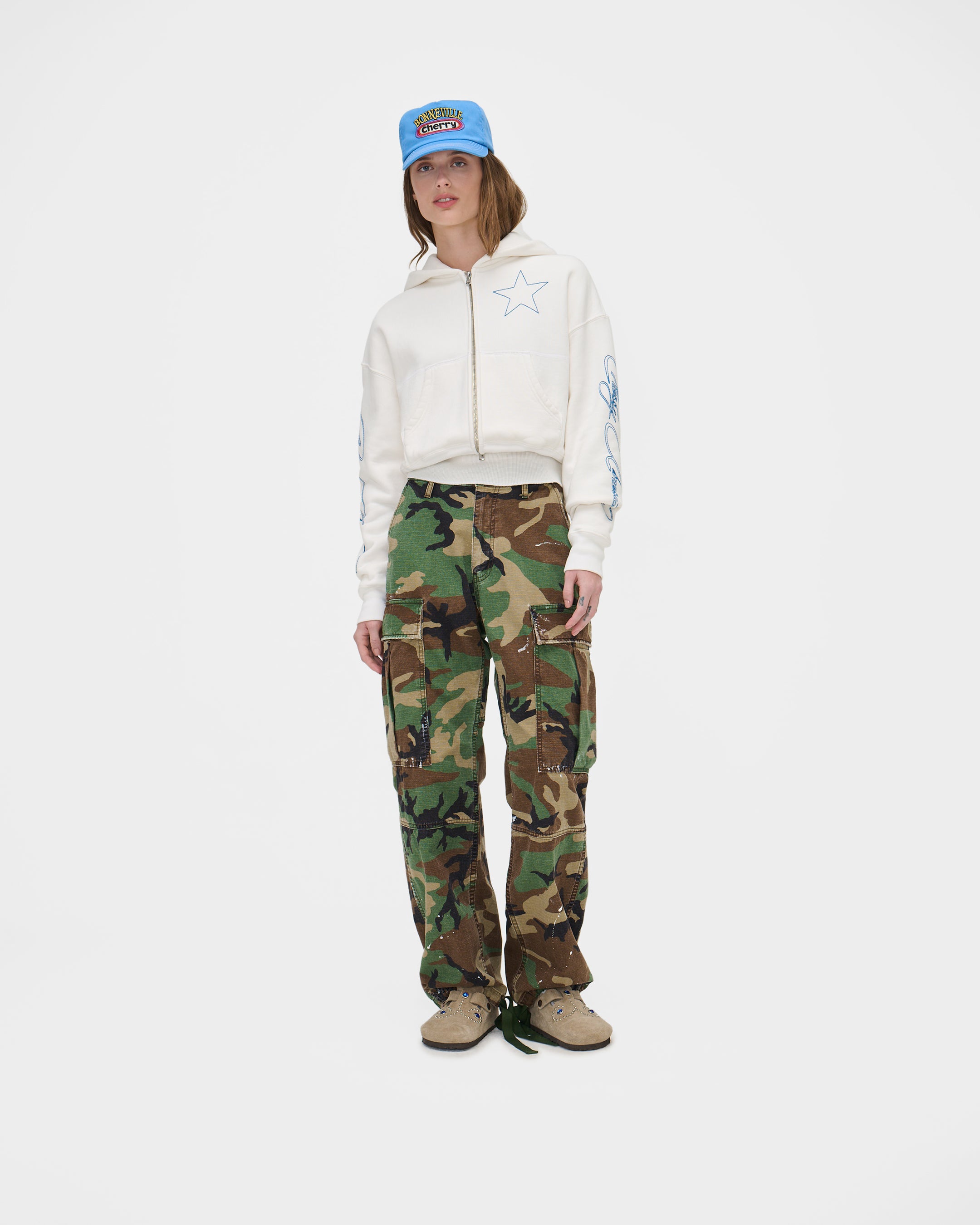 American Star Cropped Zip Hoodie (Vintage White)